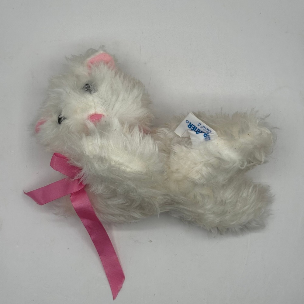 Dan Brechner Plush Cat Kids 9 Inch White Pink Ribbon Shaggy Vintage Kitty Toy